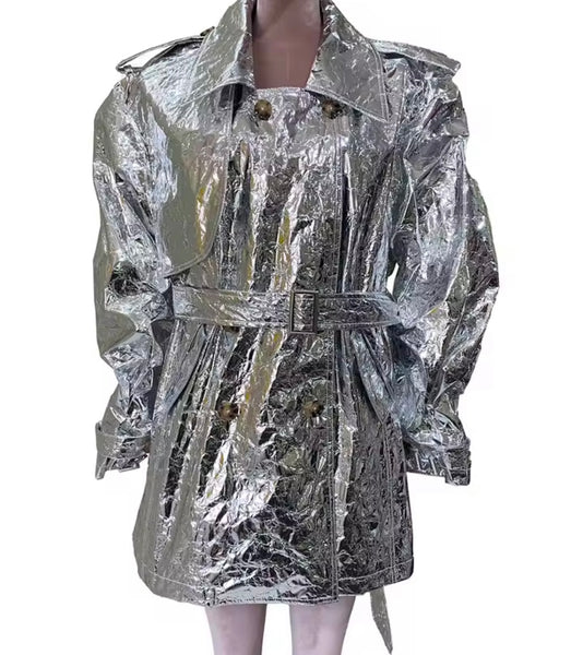 Women Silver Metallic Fashion Trench Jacket