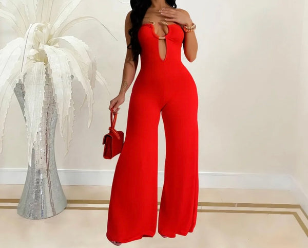 Women Sexy Strapless Metal V-Neck Wide Leg Jumpsuit