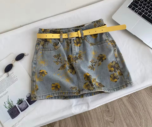 Women Fashion Yellow Floral Denim Skirt