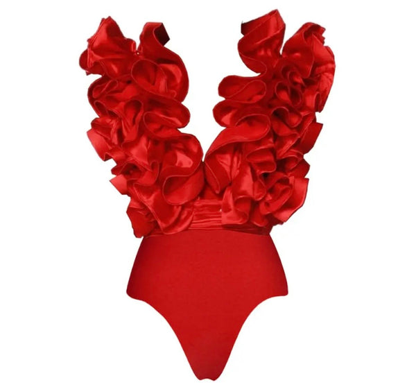 Women Sexy Red Ruffled Swimsuit Cover Up Set