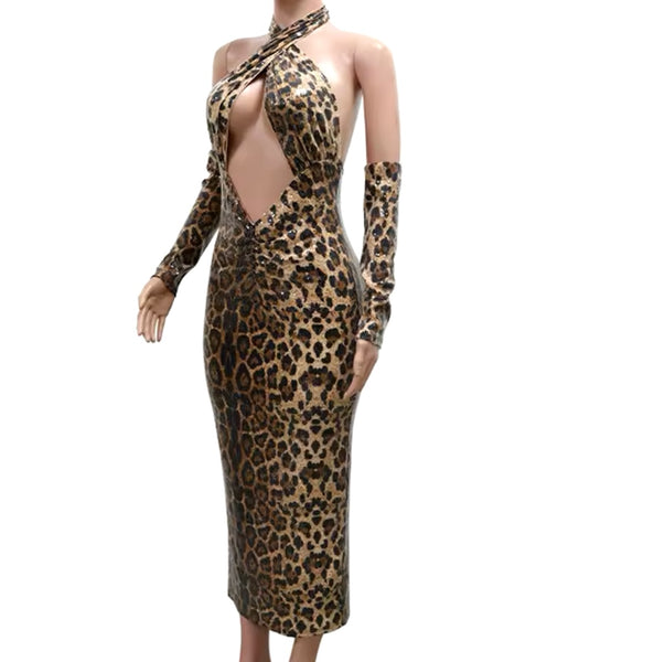 Women Sexy Sequins Leopard Halter Cut Out Glove Dress