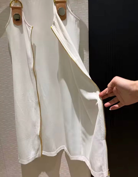 Women Fashion Gold Buckled Sleeveless Zip Up Dress