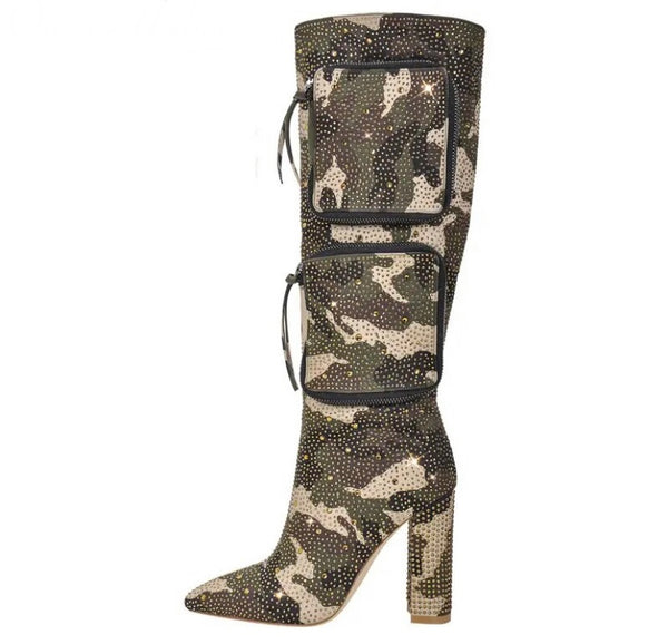 Women Fashion Bling Pocket Camouflage Knee High Boots