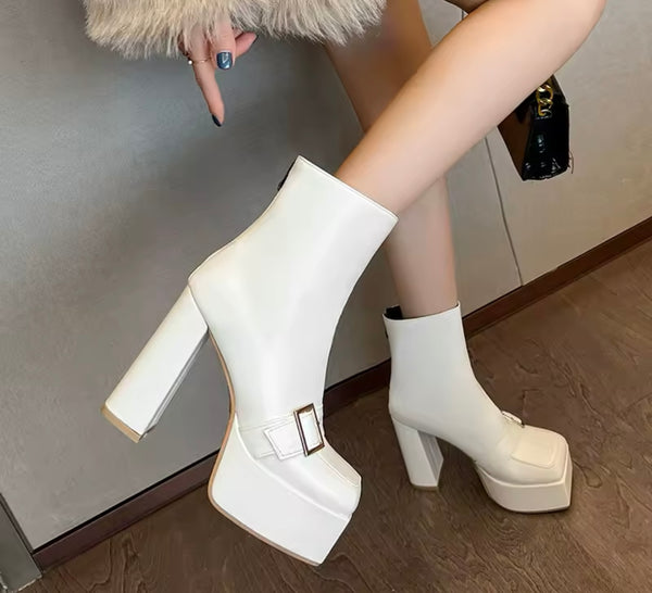 Women Color Fashion Square Toe Platform Buckled Ankle Boots