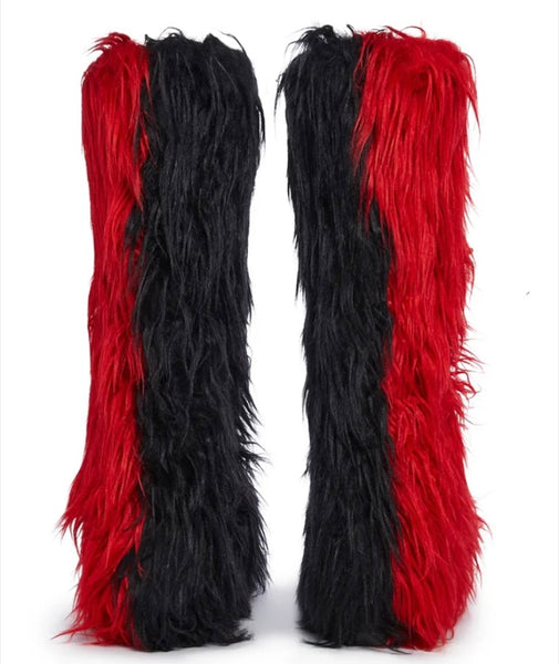 Women Fashion Black/Red Faux Fur Platform Knee High Boots