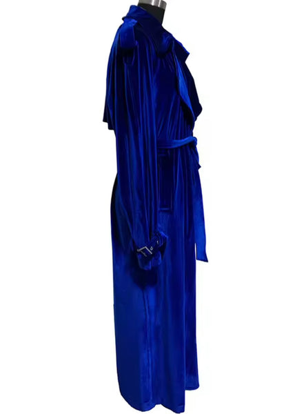 Women Blue Fashion Velvet Belted Trench Jacket