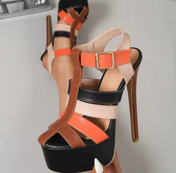 Women Fashion Color Buckled Strap Platform High Heels