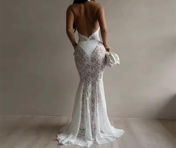 Women White Halter Sleeveless Lace Cut Out Sexy Maxi Dress