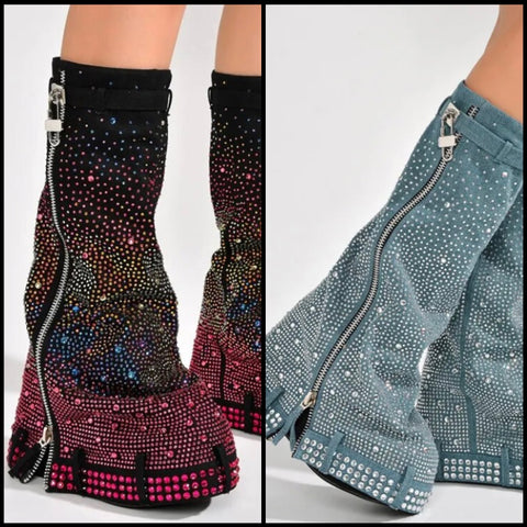 Women Fashion Bling Zipper Denim Platform Boots