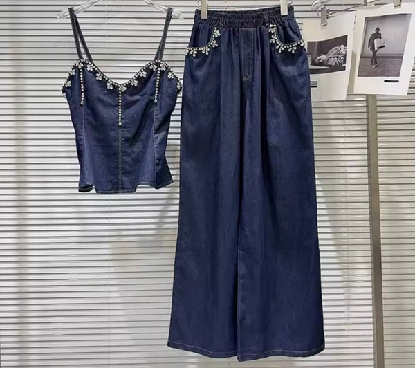 Women Bling Sleeveless Denim Two Piece Loose Pant Set