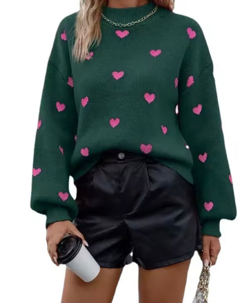 Women Color Heart Print Fashion Sweater Top