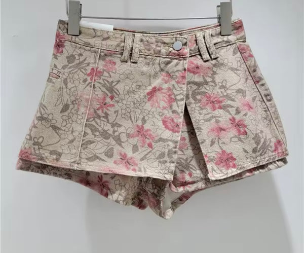 Women Fashion Khaki Floral Denim Wrap Skirt