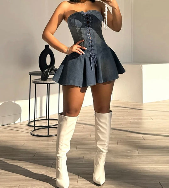 Women Sexy Strapless Lace Up Denim Ruffled Dress