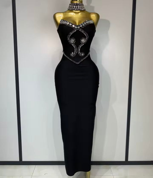 Women Sexy Choker Strapless Gray Rhinestone Maxi Dress