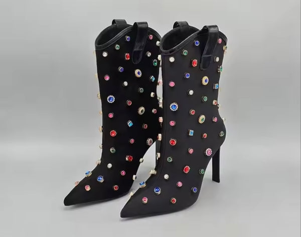 Women Suede Color Crystal Fashion High Heel Ankle Boots