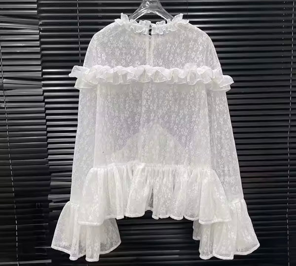 Women Ruffled Lace Full Sleeve Two Piece Short Set