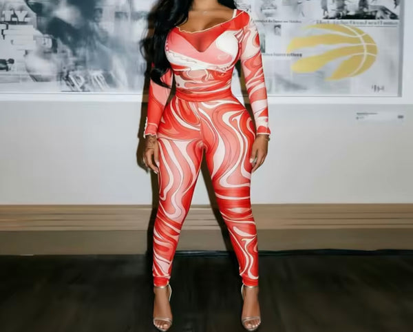 Women Printed Mesh Full Sleeve Fashion Two Piece Pant Set