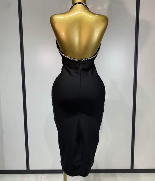 Women Sexy Black Rhinestone Fringe Halter Open Back Dress