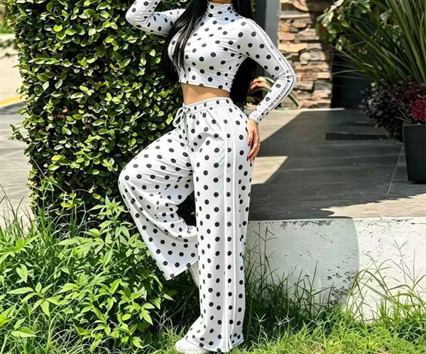 Women Polka Dot Turtleneck Full Sleeve Two Piece Pant Set