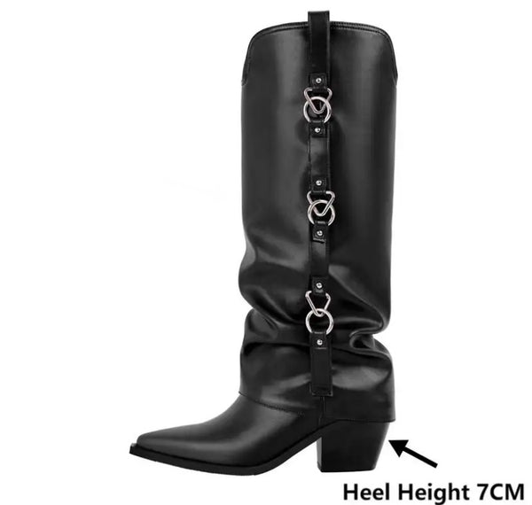 Women Black Faux Leather Metal Ring Fashion Western Boots