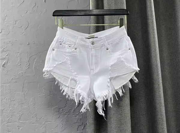 Women Fashion Ripped Fringe Denim Shorts