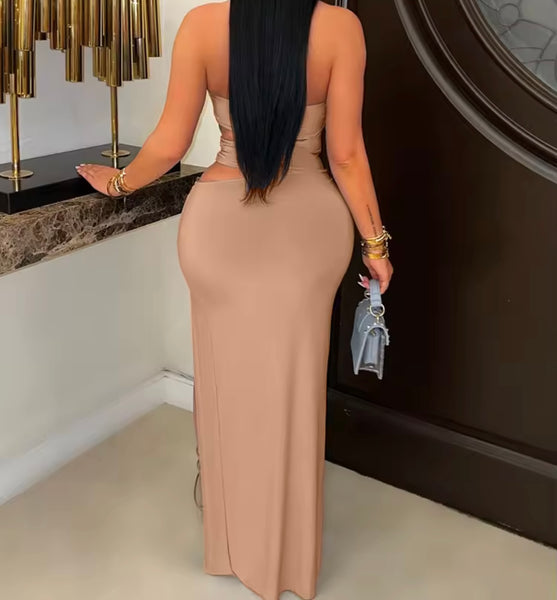 Women Sexy Strapless Color Metal Cut Out Maxi Dress