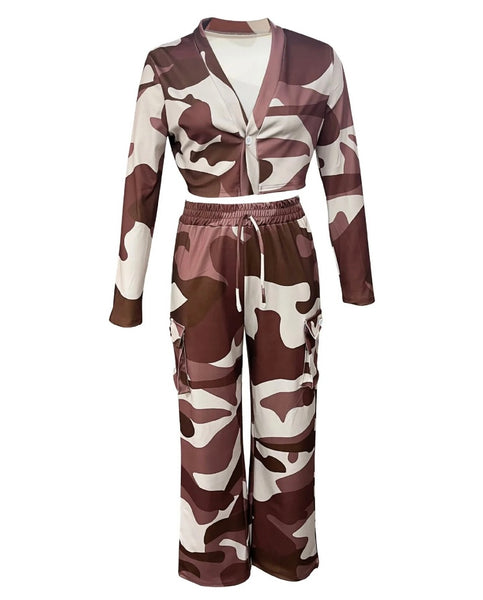 Women Color Camouflage Fashion Tracksuit Two Piece Pant Set