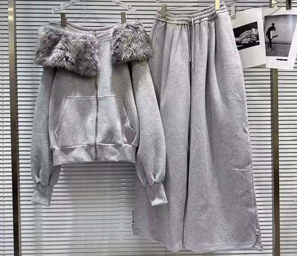 Women Gray Off The Shoulder Zip Up Fashion Two Piece Pant Set