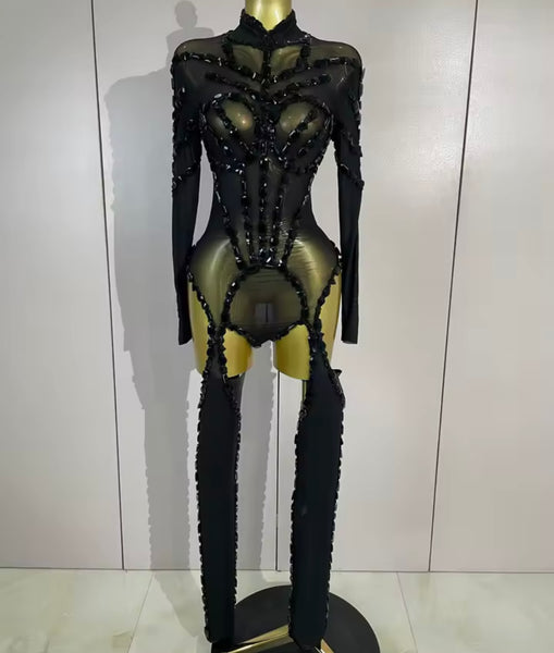 Women Mesh Crystal Full Sleeve Sexy Bodysuit Jumpsuit