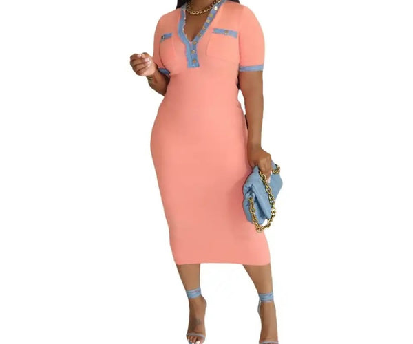 Women Sexy Fashion Short Sleeve Denim Patchwork Maxi Dress