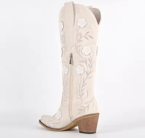 Women Fashion Color Floral Print Knee High Western Boots