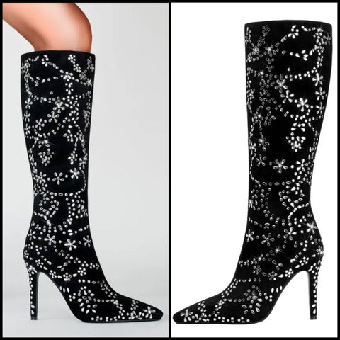 Women Fashion Black Suede Bling Knee High Boots