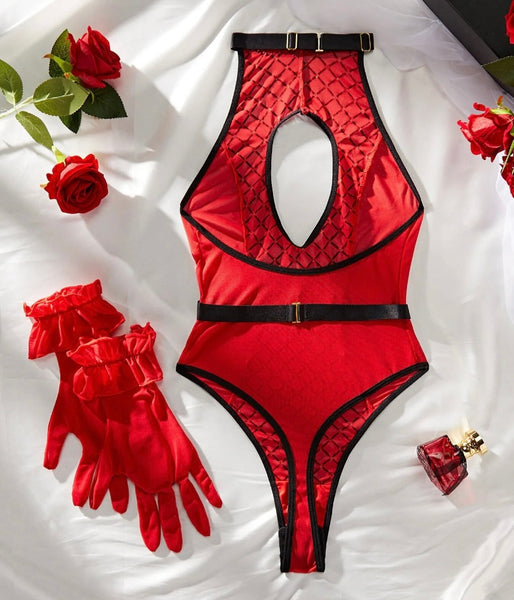 Women Sexy Red/Black Sleeveless Glove Bodysuit Lingerie Set