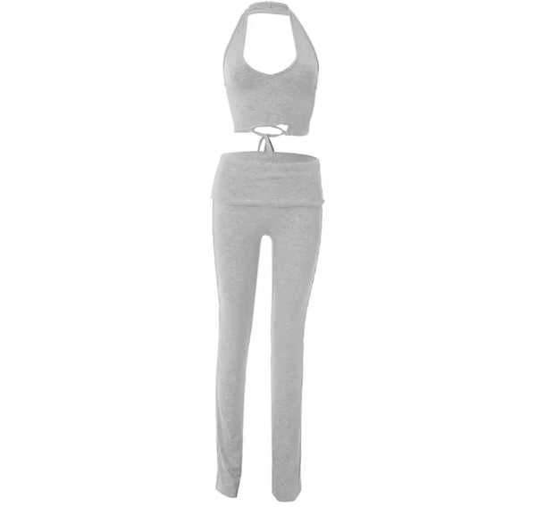 Women Sexy Halter Sleeveless Ribbed Two Piece Pant Set