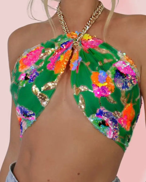 Women Sexy Floral Chain Halter Crop Top