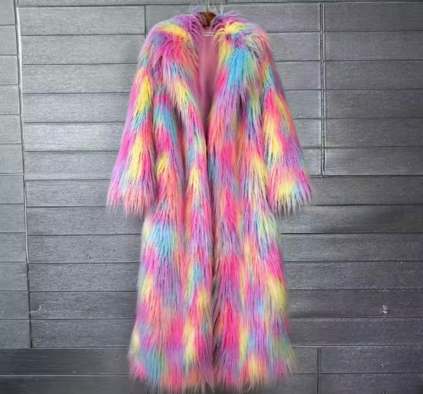 Women Fashion Multicolored Faux Fur Long Trench Jacket