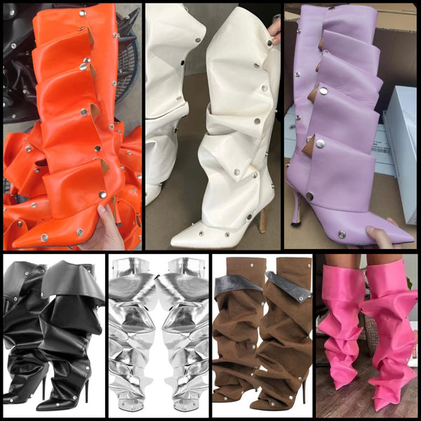 Women Fashion Button Ruched Knee High Boots