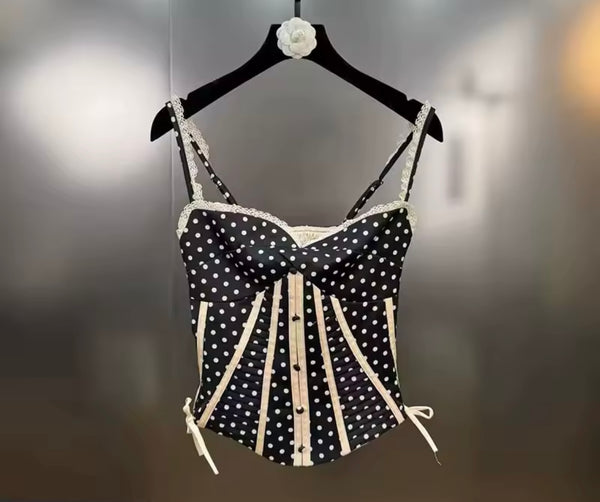 Women Sleeveless Polka Dot Two Piece Bow Skirt Set
