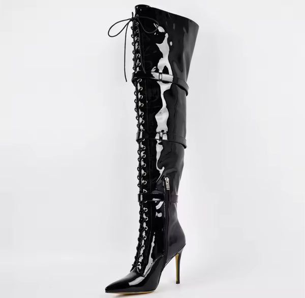 Women Fashion Black Patent Leather Buckled Over The Knee Boots