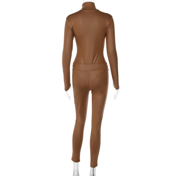 Women PU Turtleneck Full Sleeve Fashion Two Piece Pant Set
