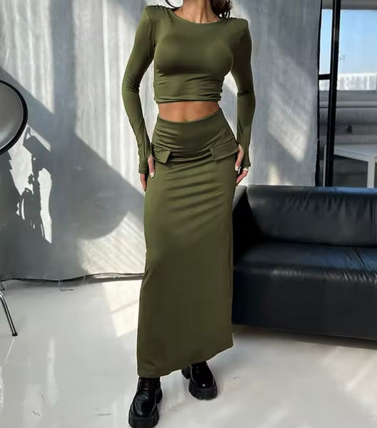 Women Sexy Full Sleeve Crop Two Piece Pocket Maxi Skirt Set