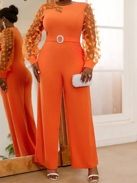 Women Sexy Orange Full Sleeve Belted Wide Leg Jumpsuit