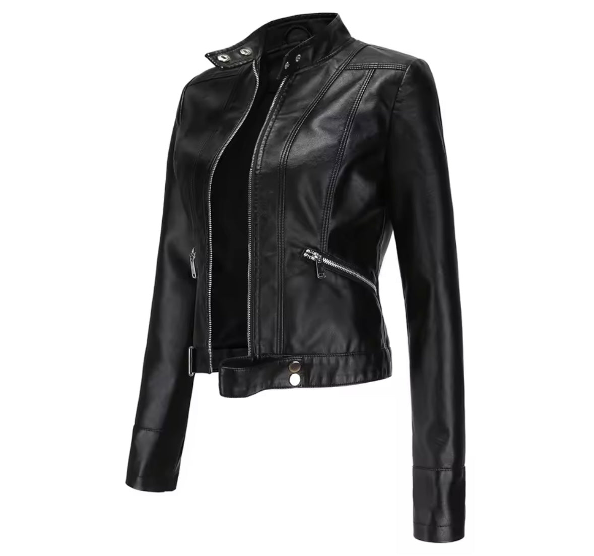 Women Color Zip Up Faux Leather Jacket