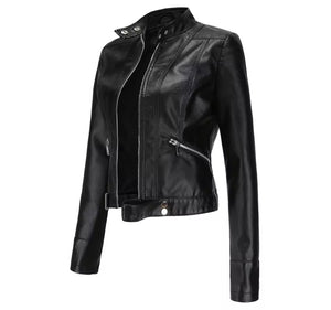 Women Color Zip Up Faux Leather Jacket