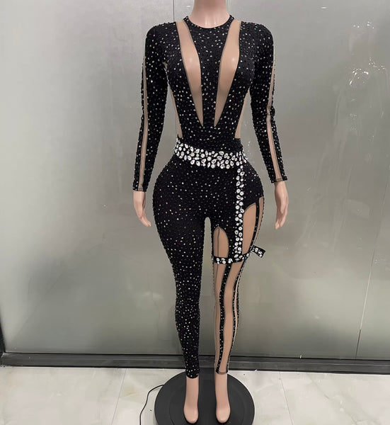 Women Sexy Black Bling Mesh Patchwork Full Sleeve Jumpsuit