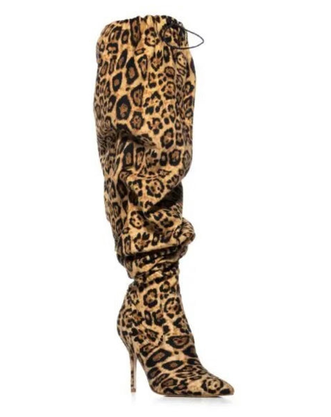 Women Fashion Leopard Drawstring Ruched Knee High Boots