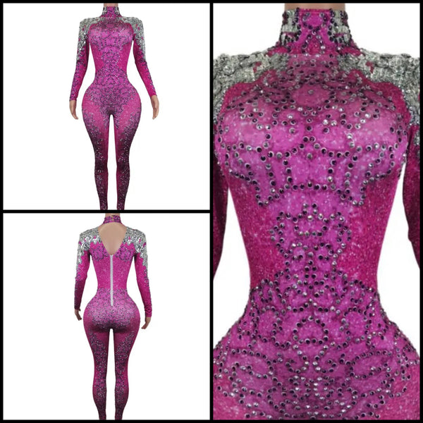 Women Fashion Turtleneck Full Sleeve Beaded Bling Pink Jumpsuit