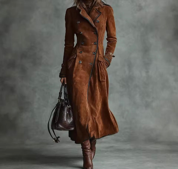 Women Fashion Brown Suede Button Up Trench Jacket