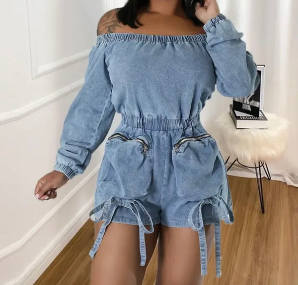 Women Sexy Off The Shoulder Full Sleeve Tie Up Denim Romper
