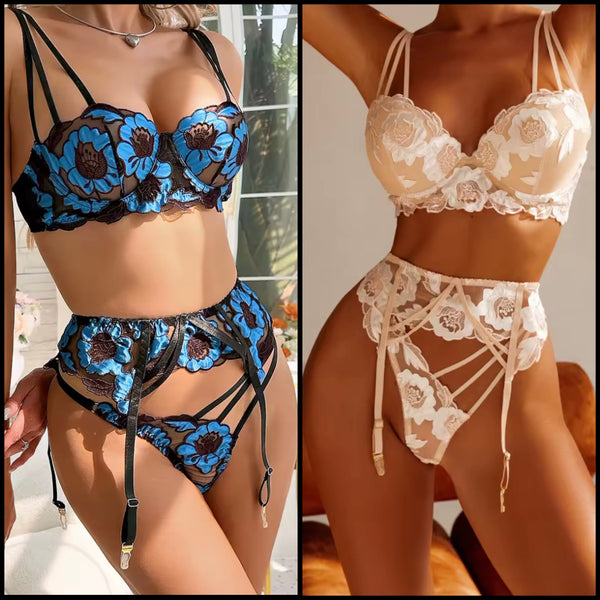 Women Sexy Color Patchwork Lace Mesh Lingerie Set